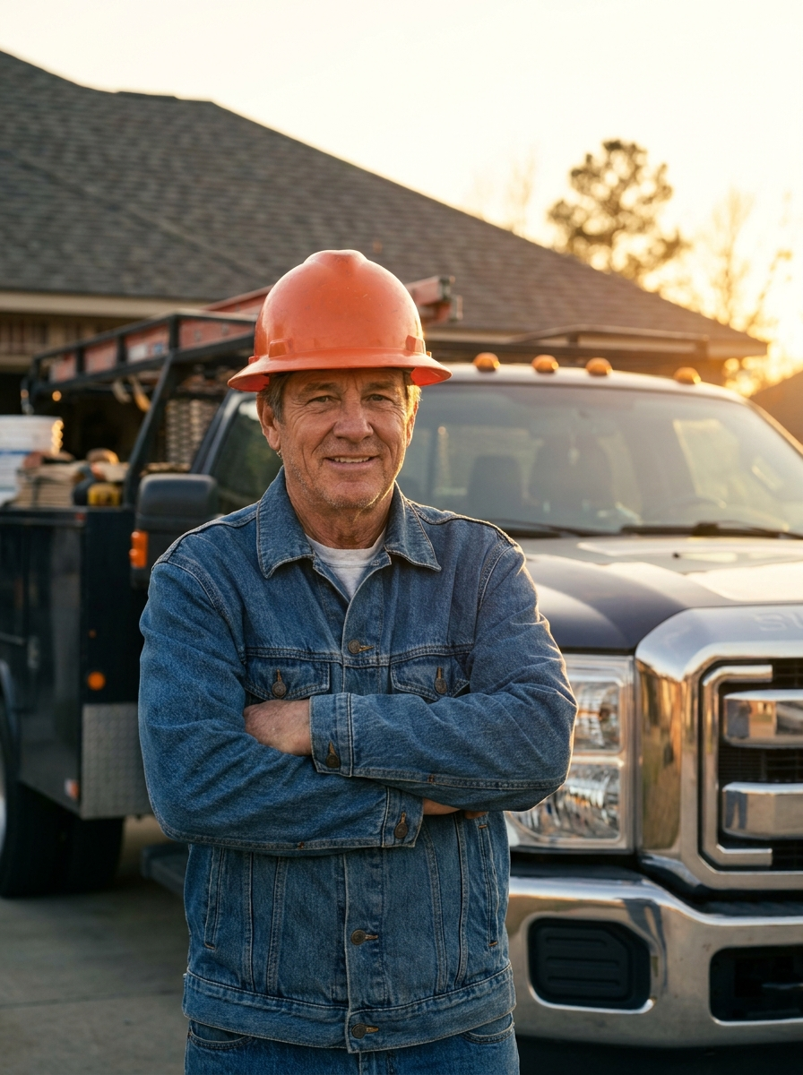 A trade owner standing in front of his work truck at sunset